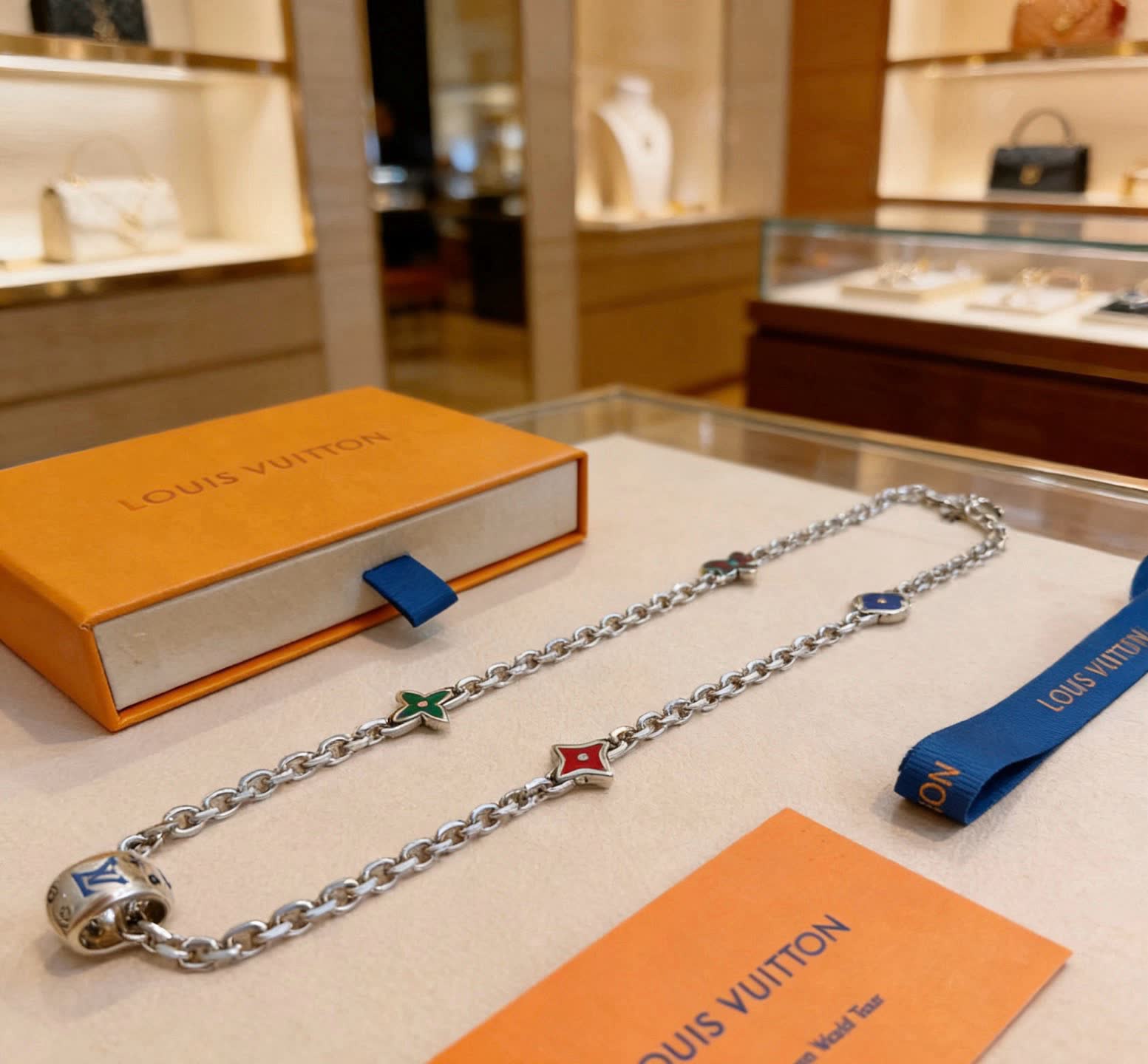 Louis Vuitton Silver Chain Necklace with Multicolored Flowers